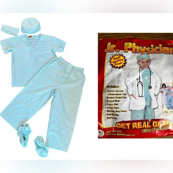 Kids Doctor Physician Costume child Size 8-10 Green Scrubs Stethoscope Get Real - Picture 9 of 9